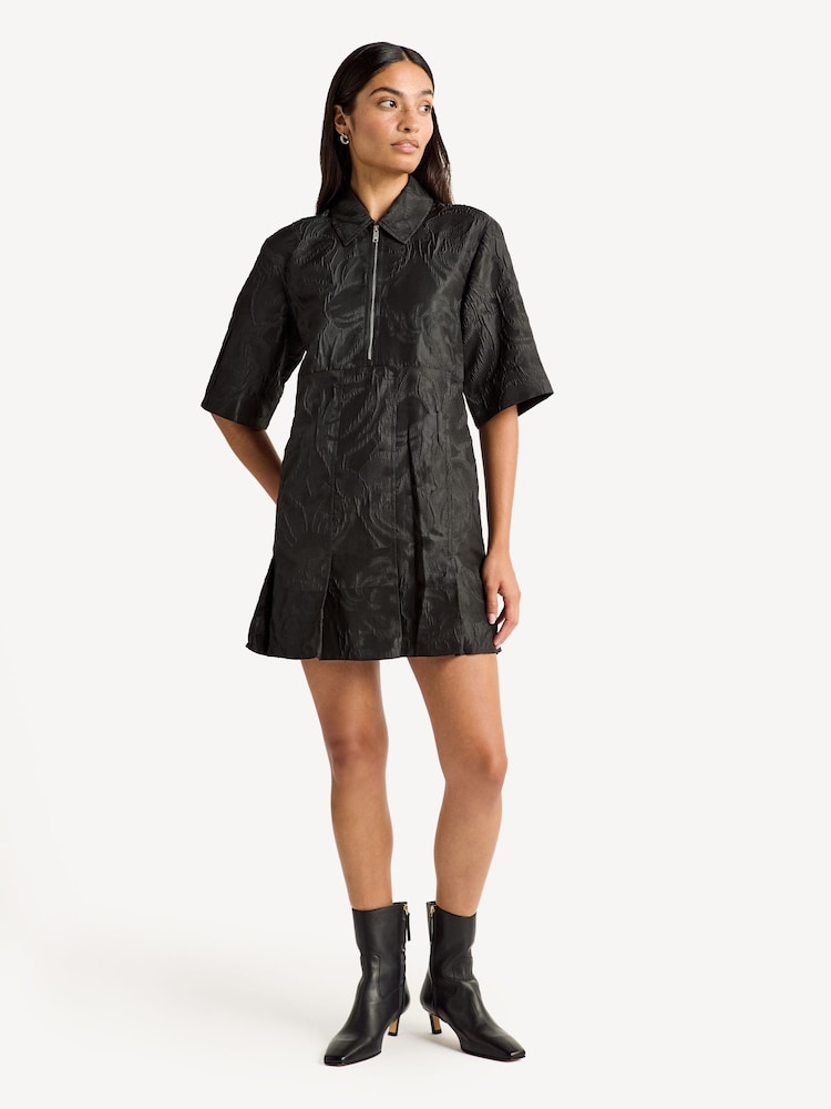 GANNI Black Textured Cloque Pleated Mini Dress - Image 1 of 4