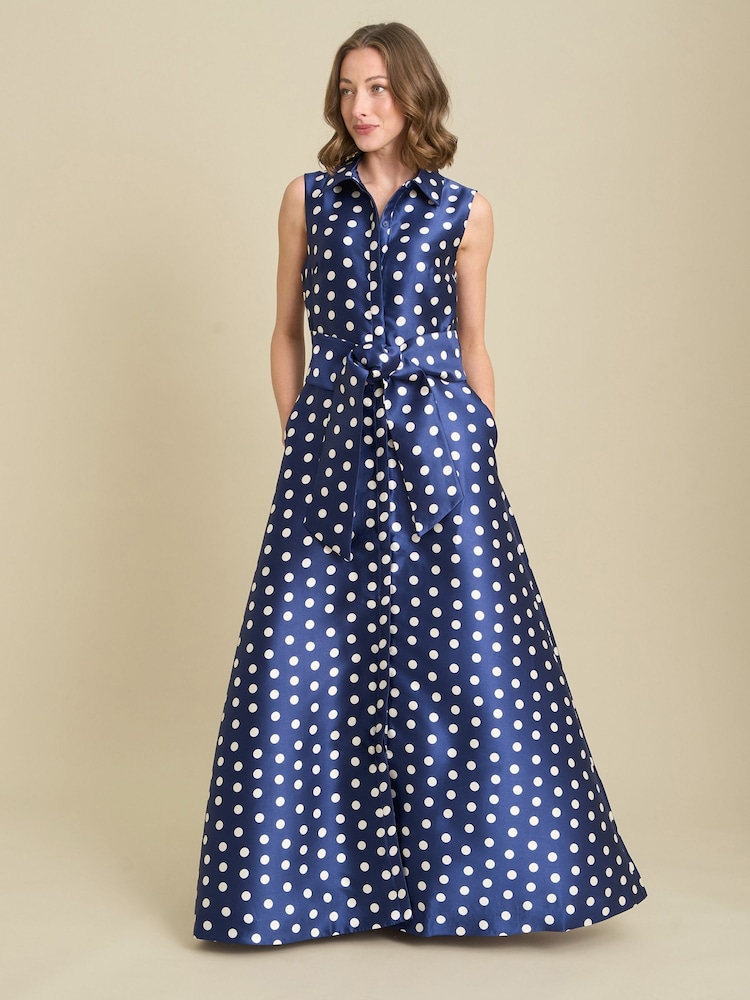 Gina Bacconi Blue Romi Polka Dot Belt Tie Maxi Dress - Image 1 of 6 Gina Bacconi Blue Romi Polka Dot Belt Tie Maxi Dress - Image 1 of 6