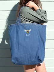 Blue Personalised Embroidered Bee Denim Tote 100% Cotton Bag by Jonnys Sister - Image 1 of 4