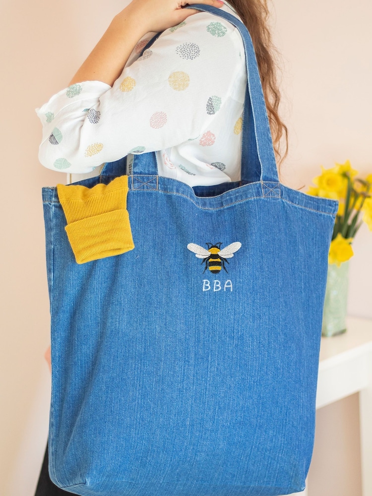 Blue Personalised Embroidered Bee Denim Tote 100% Cotton Bag by Jonnys Sister - Image 2 of 4