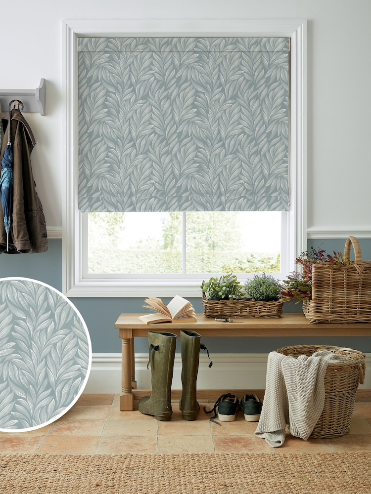 Laura Ashley Dark Duck Egg Blue Coulderton Leaves Made to Measure 100% Cotton Roman Blind - Image 1 of 6