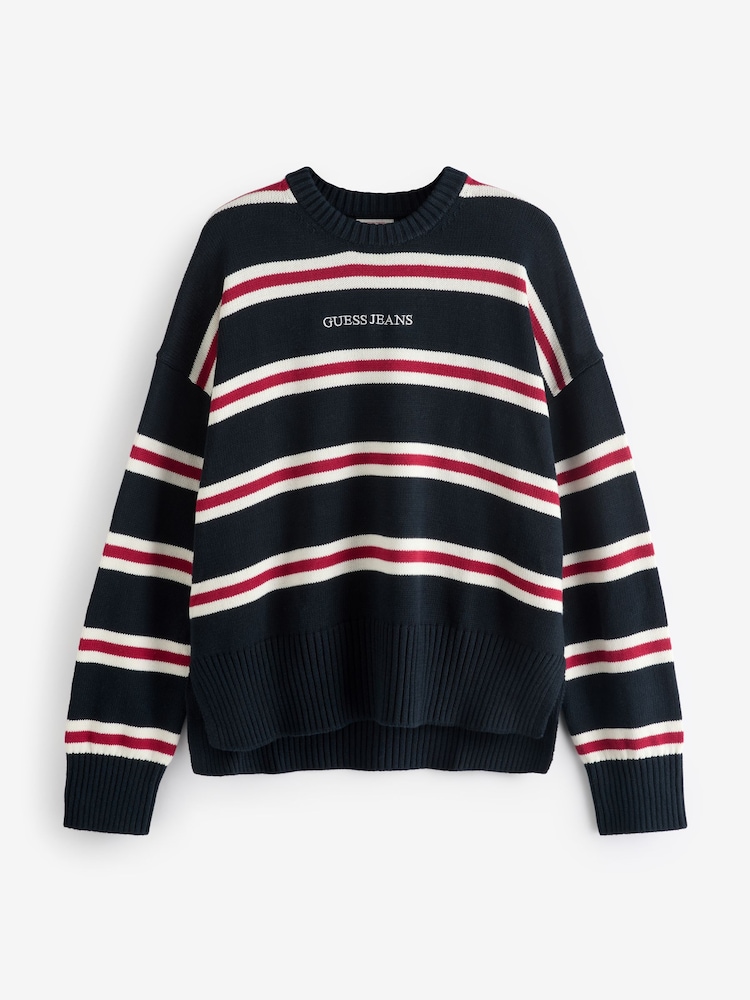 Guess Jeans Navy Stripe Logo Knit 100% Cotton Jumper - Image 1 of 1