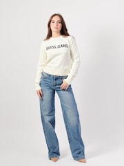 Guess Jeans Cream 100% Cotton Logo Knit Jumper - Image 1 of 6