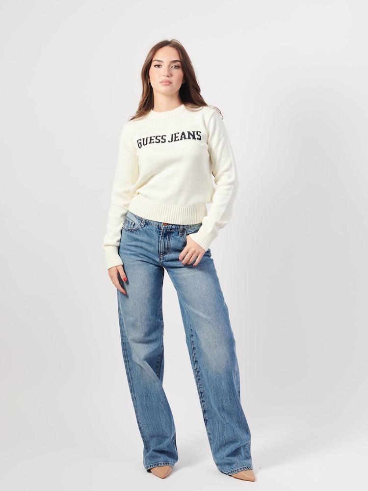 Guess Jeans Cream 100% Cotton Logo Knit Jumper - Image 1 of 6
