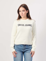 Guess Jeans Cream 100% Cotton Logo Knit Jumper - Image 3 of 6