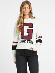GUESS Jeans Cream Varsity Logo Knit Jumper - Image 1 of 6