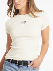 GUESS JEANS Cream Embroidered Logo Short Sleeve T-Shirt - Image 1 of 5