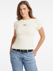 GUESS JEANS Cream Embroidered Logo Short Sleeve T-Shirt - Image 2 of 5