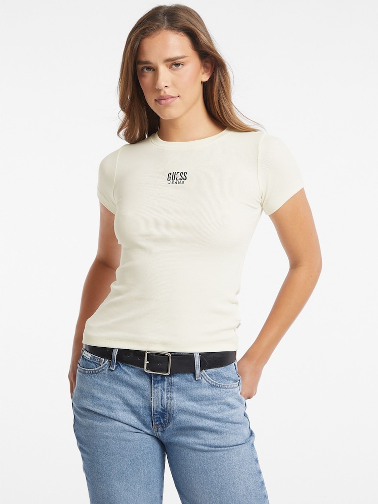 GUESS JEANS Cream Embroidered Logo Short Sleeve T-Shirt - Image 2 of 5