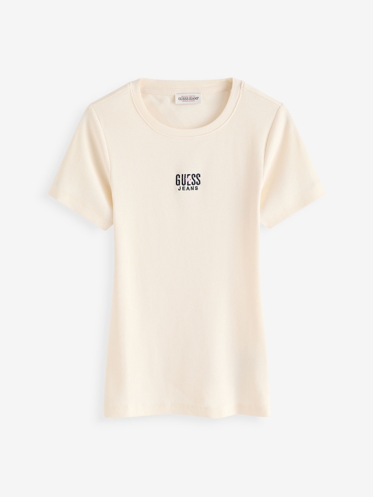 GUESS JEANS Cream Embroidered Logo Short Sleeve T-Shirt - Image 5 of 5
