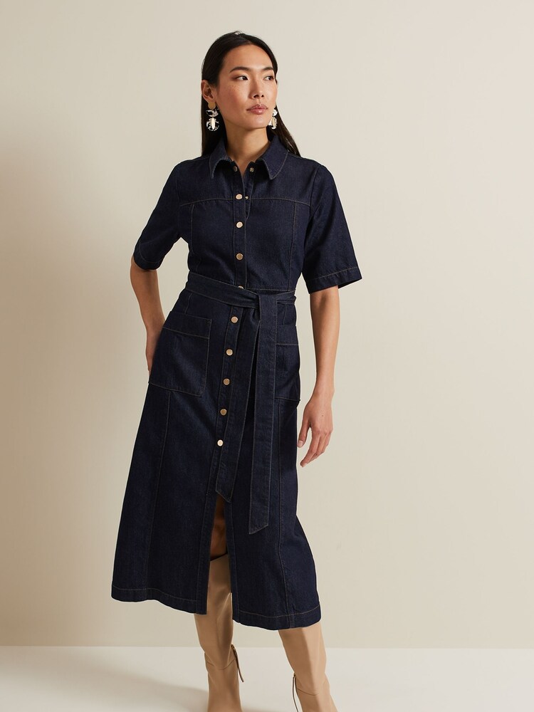 Phase Eight Blue Sonny 100% Cotton Denim Midi Dress - Image 1 of 6