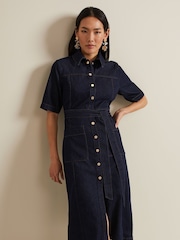 Phase Eight Blue Sonny 100% Cotton Denim Midi Dress - Image 4 of 6
