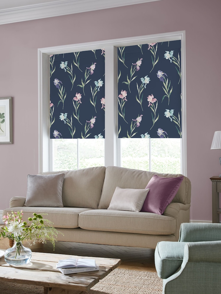 Laura Ashley Midnight Navy Blue Hawling Irises Made to Measure Roller Blind - Image 2 of 6