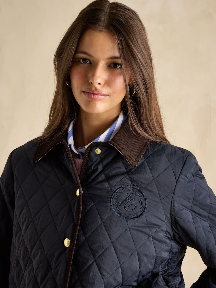 Joules Quinn Navy Blue Showerproof Diamond Quilted Coat - Image 4 of 9