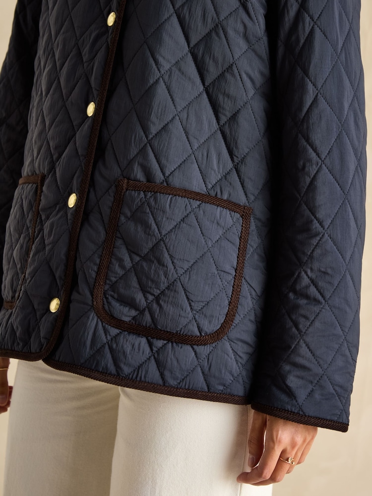 Joules Quinn Navy Blue Showerproof Diamond Quilted Coat - Image 5 of 9