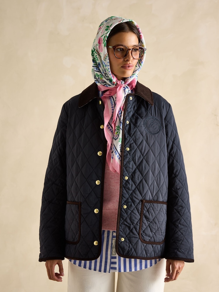 Joules Quinn Navy Blue Showerproof Diamond Quilted Coat - Image 7 of 9