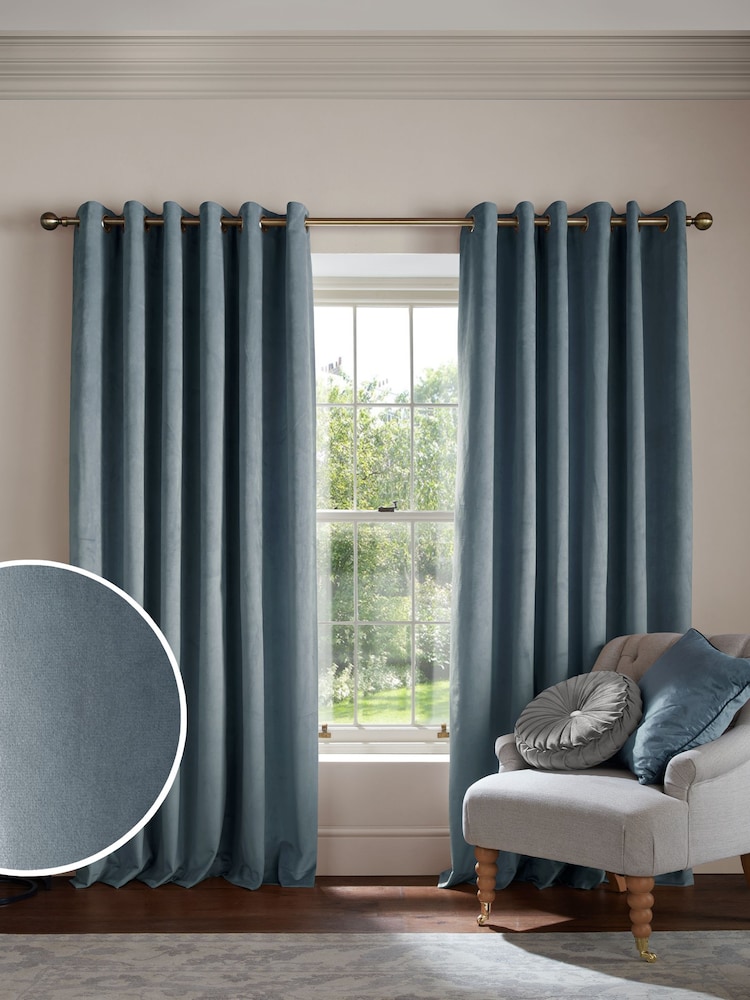 Laura Ashley Newport Blue Middleton Velvet Made to Measure Curtains - Image 1 of 9