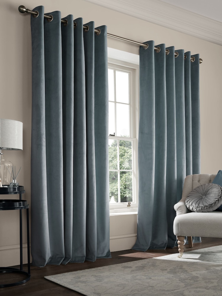 Laura Ashley Newport Blue Middleton Velvet Made to Measure Curtains - Image 2 of 9