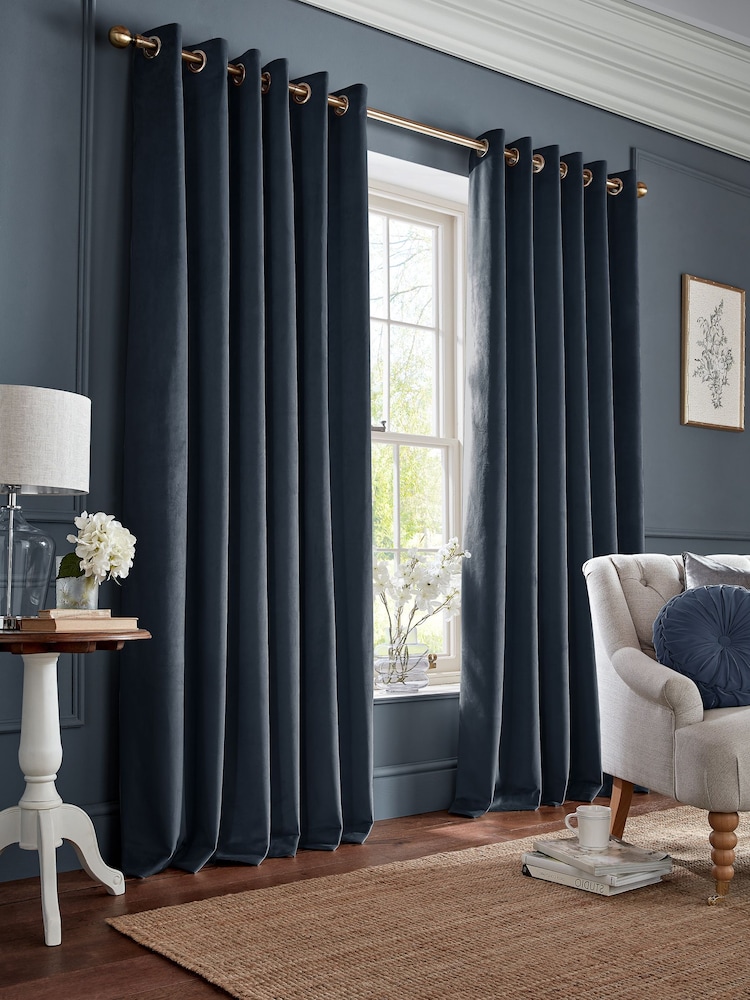 Laura Ashley Midnight Seaspray Blue Middleton Velvet Made to Measure Curtains - Image 1 of 9