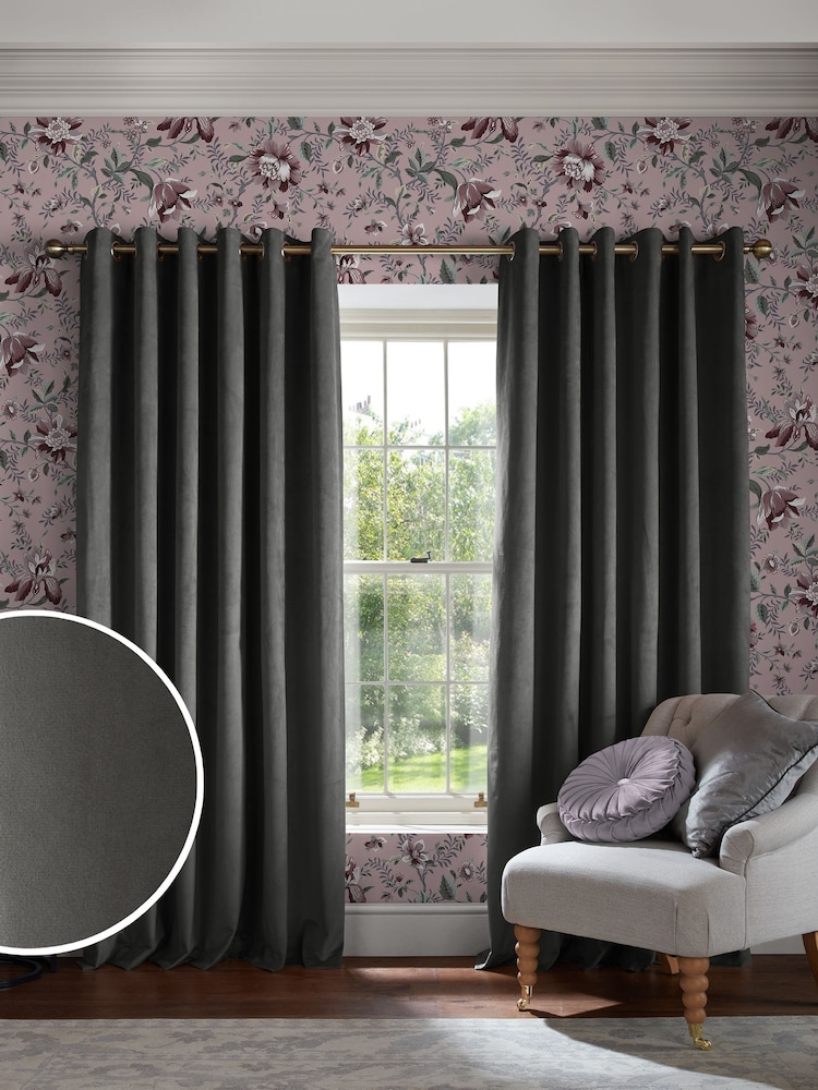 Laura Ashley Pale Charcoal Grey Middleton Velvet Made to Measure Curtains - Image 2 of 9