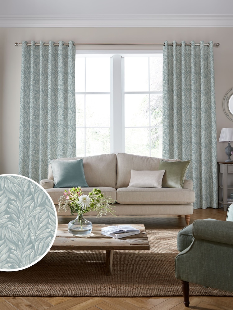 Laura Ashley Dark Duck Egg Blue Coulderton Leaves Made to Measure 100% Cotton Curtains - Image 2 of 9