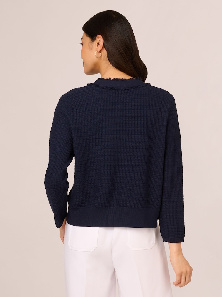 Adrianna Papell Blue Knit Frayed Waffle Crop Cardigan Sweater - Image 2 of 7