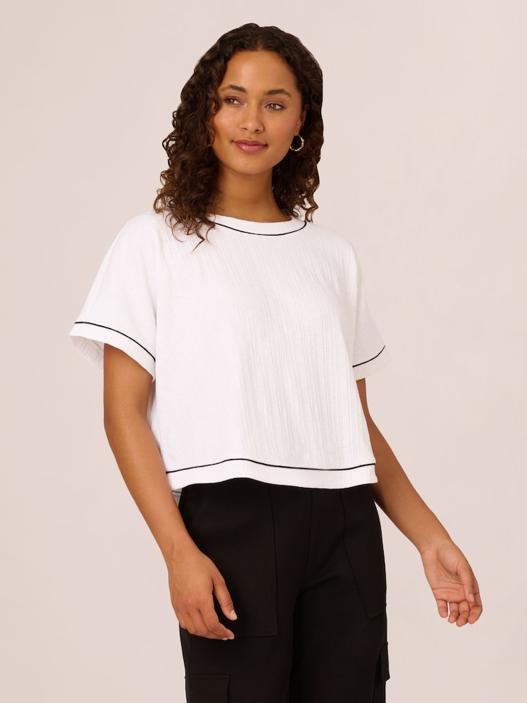 Adrianna Papell Tipped Variegated White Rib Knit Top With Back Faux Button Placket - Image 1 of 7