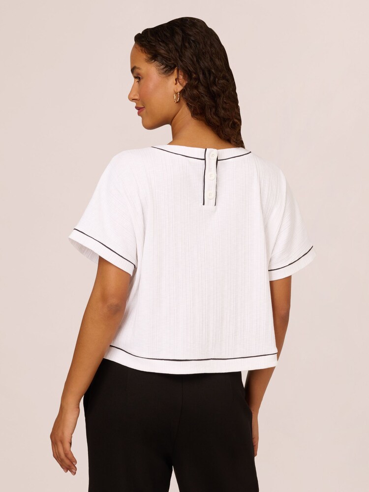 Adrianna Papell Tipped Variegated White Rib Knit Top With Back Faux Button Placket - Image 2 of 7