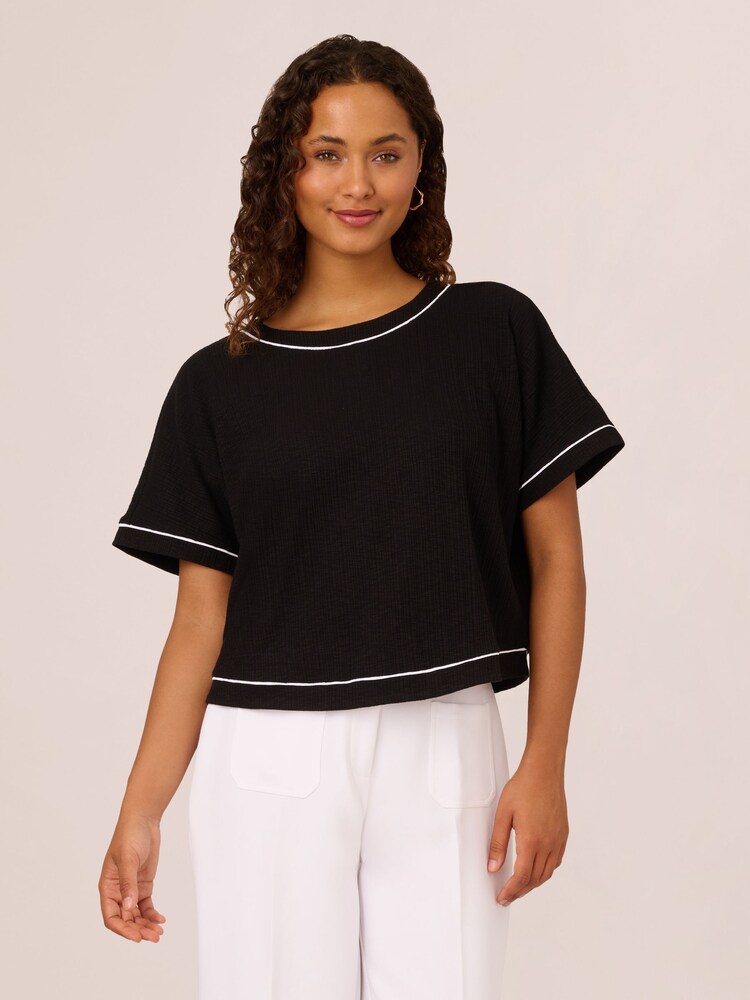 Adrianna Papell Tipped Variegated Rib Knit Black Top With Back Faux Button Placket - Image 1 of 7 Adrianna Papell Tipped Variegated Rib Knit Black Top With Back Faux Button Placket - Image 1 of 7