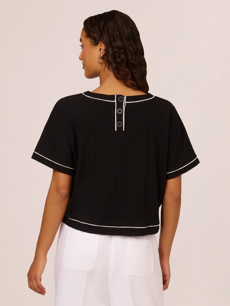 Adrianna Papell Tipped Variegated Rib Knit Black Top With Back Faux Button Placket - Image 2 of 7 Adrianna Papell Tipped Variegated Rib Knit Black Top With Back Faux Button Placket - Image 2 of 7