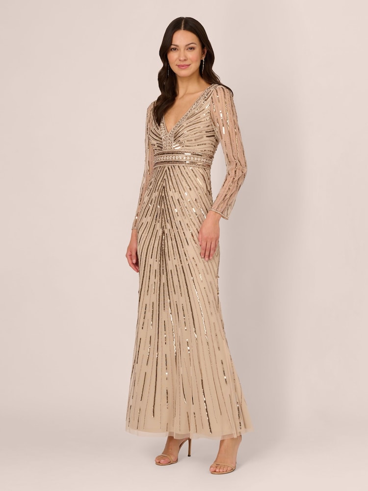 Adrianna Papell Natural Beaded Long Dress - Image 1 of 7 Adrianna Papell Natural Beaded Long Dress - Image 1 of 7