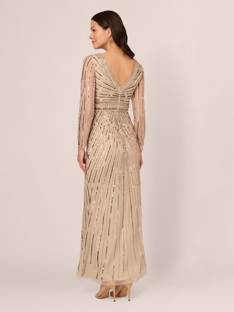 Adrianna Papell Natural Beaded Long Dress - Image 2 of 7 Adrianna Papell Natural Beaded Long Dress - Image 2 of 7