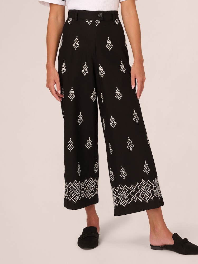 Adrianna Papell All-Over 100% Cotton Embroidered Wide Leg Black Trousers With Back Pockets - Image 1 of 7