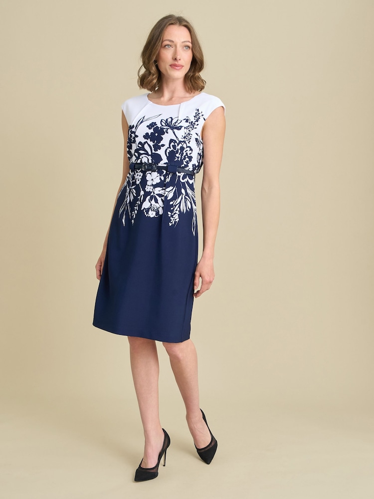 Gina Bacconi Blue Minnie Floral Print Belted Dress - Image 1 of 6 Gina Bacconi Blue Minnie Floral Print Belted Dress - Image 1 of 6