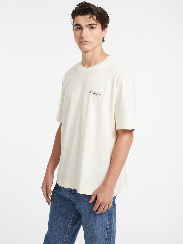 Guess Jeans Cream Boxy Fit Back Graphic Logo 100% Cotton T-Shirt - Image 1 of 6