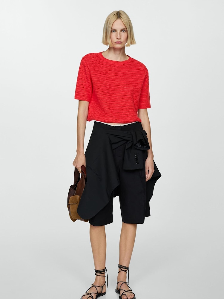 Mango Red Knitted 100% Cotton Sweater With Openwork Details - Image 1 of 7