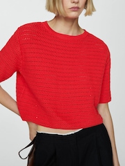 Mango Red Knitted 100% Cotton Sweater With Openwork Details - Image 4 of 7