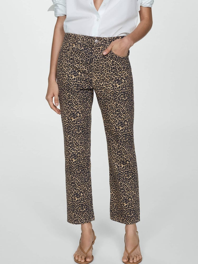 Mango Brown 100% Cotton Leopard Print Straight Jeans - Image 1 of 7