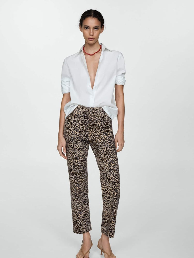 Mango Brown 100% Cotton Leopard Print Straight Jeans - Image 3 of 7