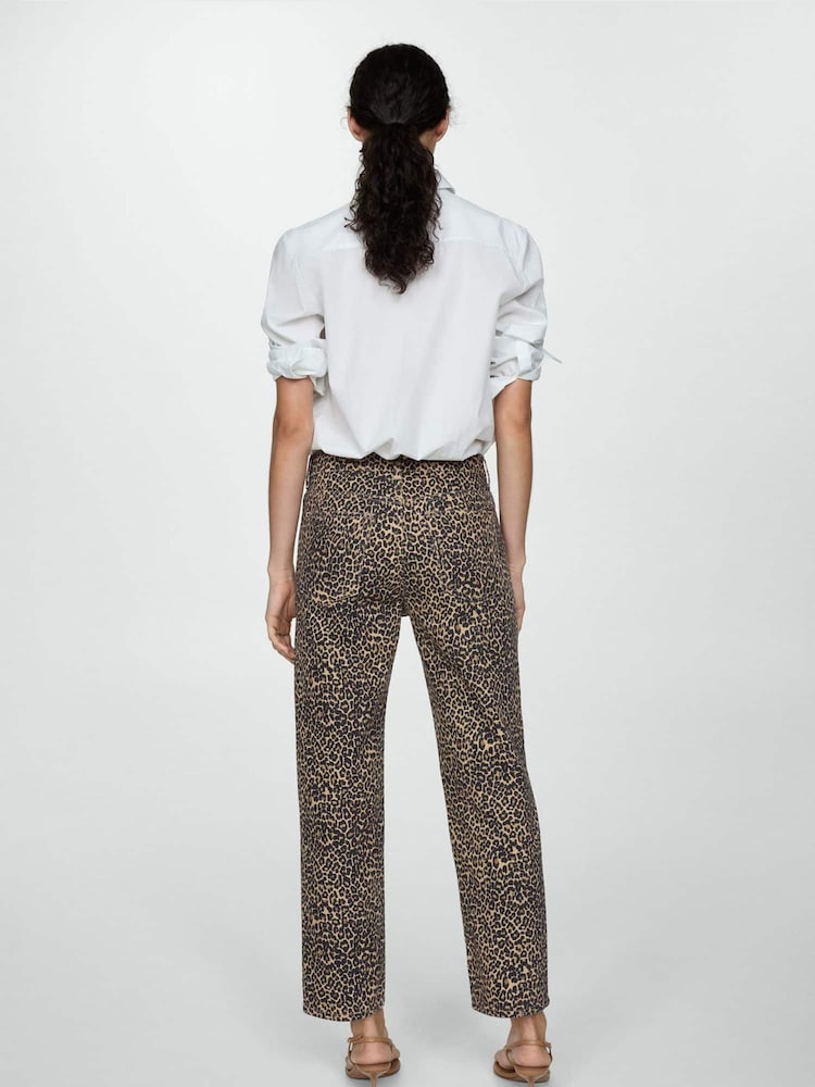 Mango Brown 100% Cotton Leopard Print Straight Jeans - Image 4 of 7