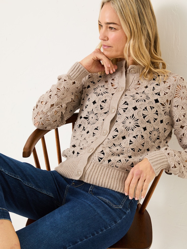 FatFace Dark Natural Cara Crochet Knitted Cardigan - Image 4 of 8