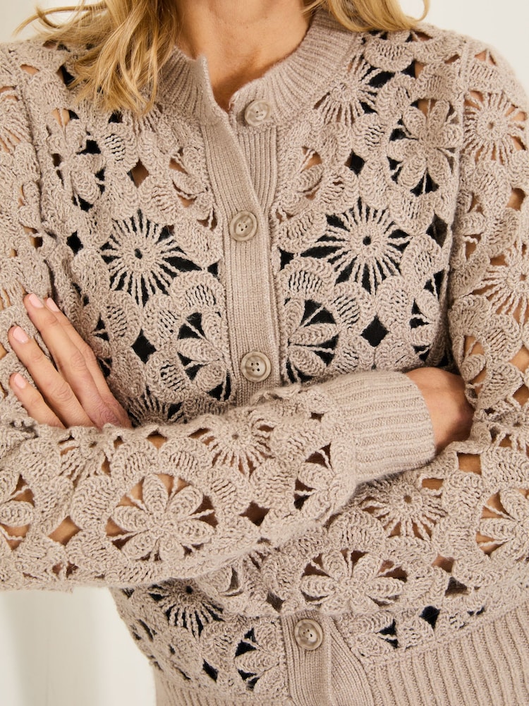 FatFace Dark Natural Cara Crochet Knitted Cardigan - Image 6 of 8