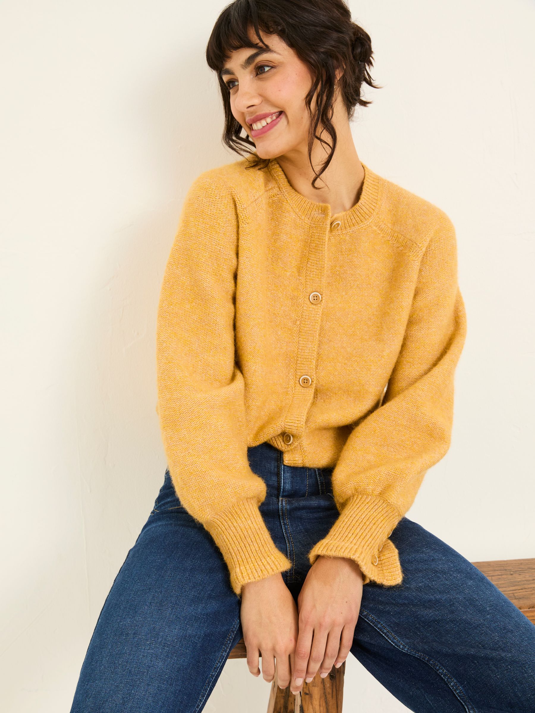 Buy FatFace Yellow Carlee Knitted Button Front Cardigan from the