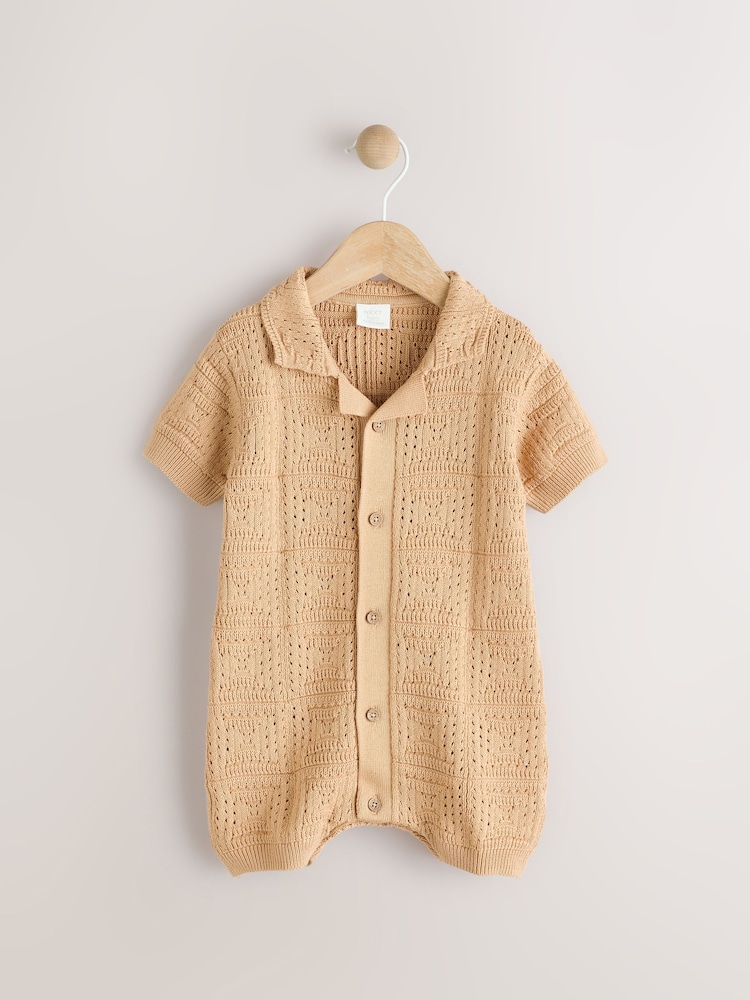 Neutral Crochet 100% Cotton Knitted Baby Romper (0mths-2yrs) - Image 1 of 6 Neutral Crochet 100% Cotton Knitted Baby Romper (0mths-2yrs) - Image 1 of 6