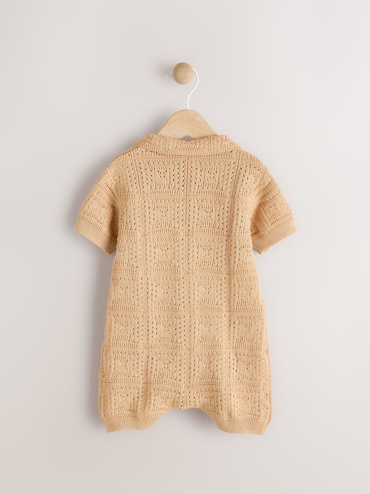 Neutral Crochet 100% Cotton Knitted Baby Romper (0mths-2yrs) - Image 2 of 6 Neutral Crochet 100% Cotton Knitted Baby Romper (0mths-2yrs) - Image 2 of 6