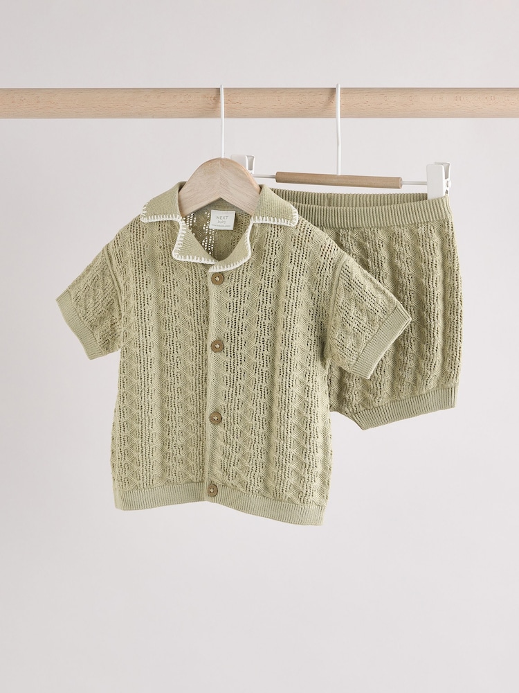 Sage Green Knitted Top and Short Baby Set (0mths-2yrs) - Image 1 of 10