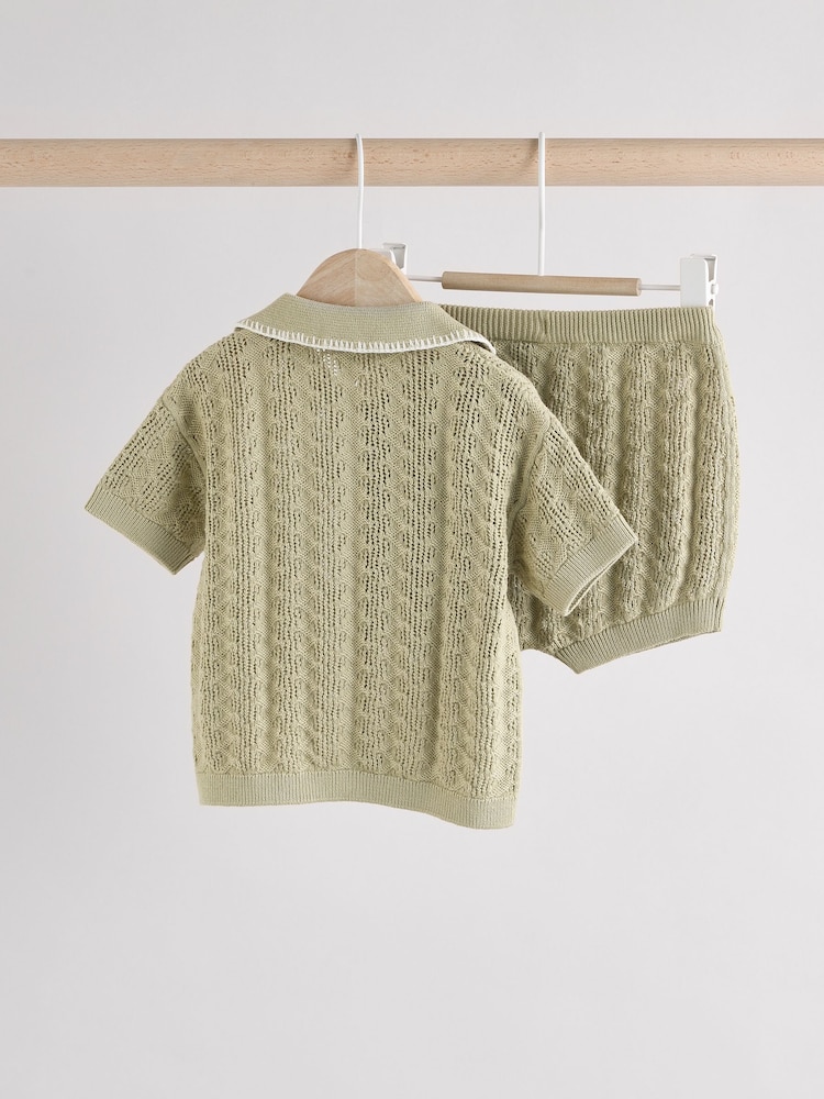 Sage Green Knitted Top and Short Baby Set (0mths-2yrs) - Image 4 of 10