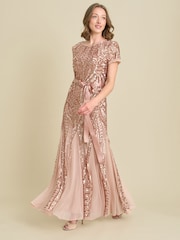 Gina Bacconi Gold Monique Embroidered Sequin Godet Maxi Dress - Image 1 of 7