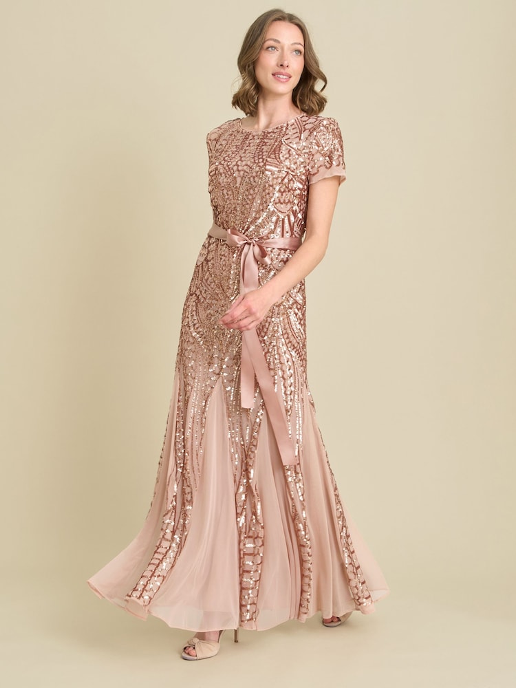 Gina Bacconi Gold Monique Embroidered Sequin Godet Maxi Dress - Image 1 of 7