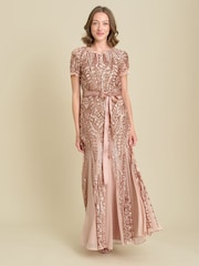 Gina Bacconi Gold Monique Embroidered Sequin Godet Maxi Dress - Image 3 of 7